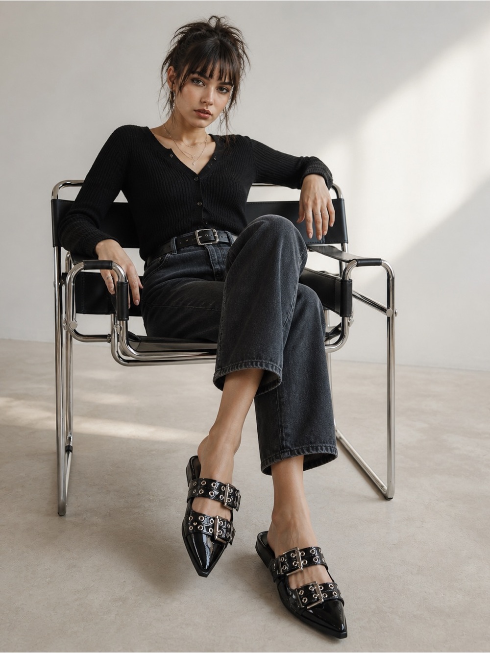 Berness‎ Addison Double Buckle Mules in Glossy Black Patent
